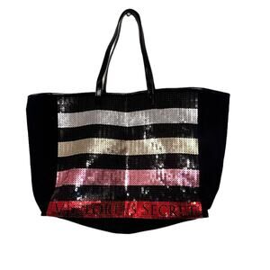Victoria's Secret Black and Sequined Pink Red Tote Bag